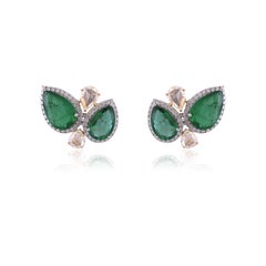 8.49 Carats, Natural Zambian Emerald & Rose Cut Diamonds Stud Earrings