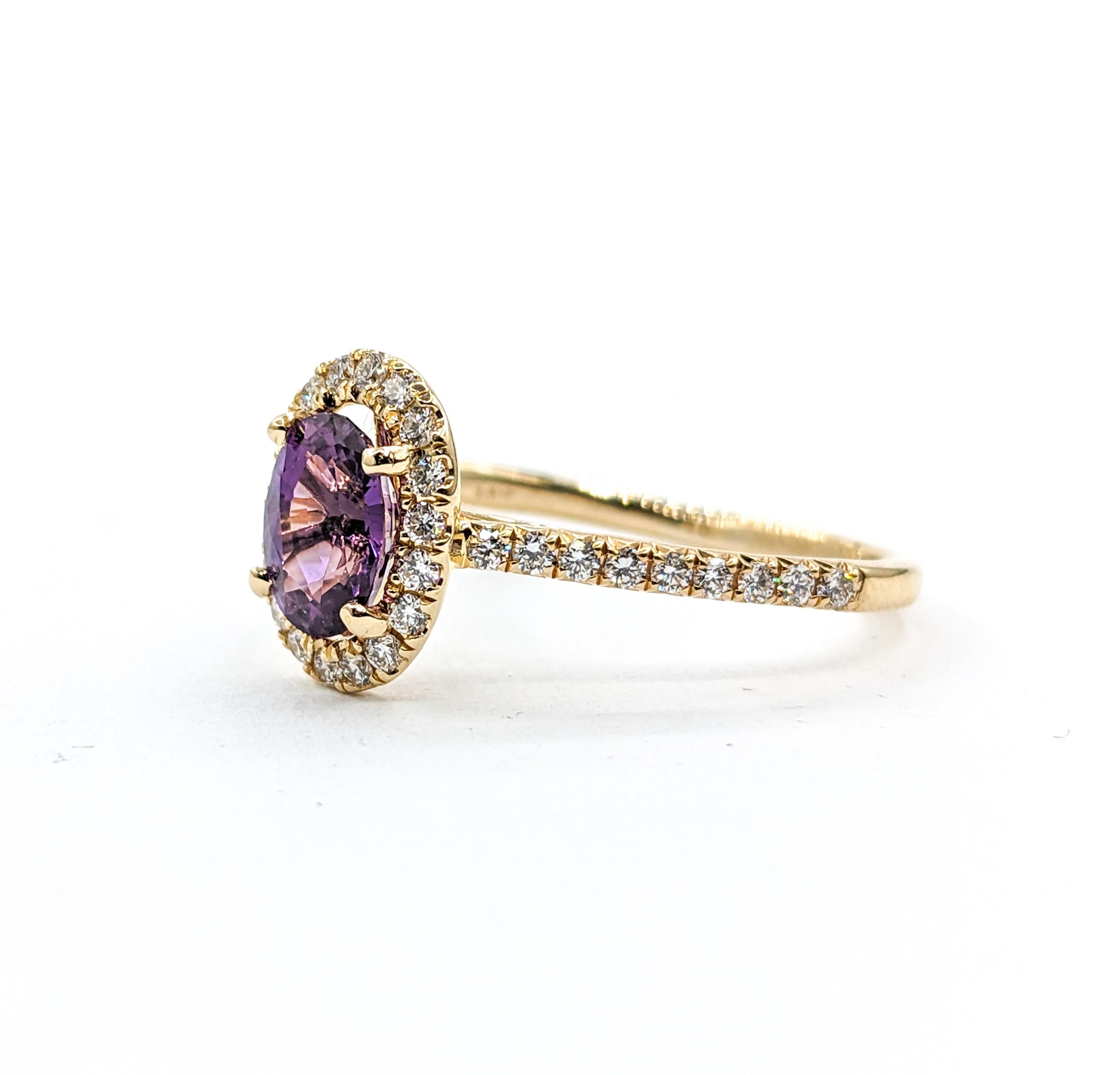 .84ct Deep Purple Spinel & Diamond Ring In Yellow Gold

Introducing our exquisite ring, masterfully crafted in 14k Yellow gold. At the center of this elegant design lies a .84ct  Natural Deep Purple spinel, adding a touch of luxurious depth and