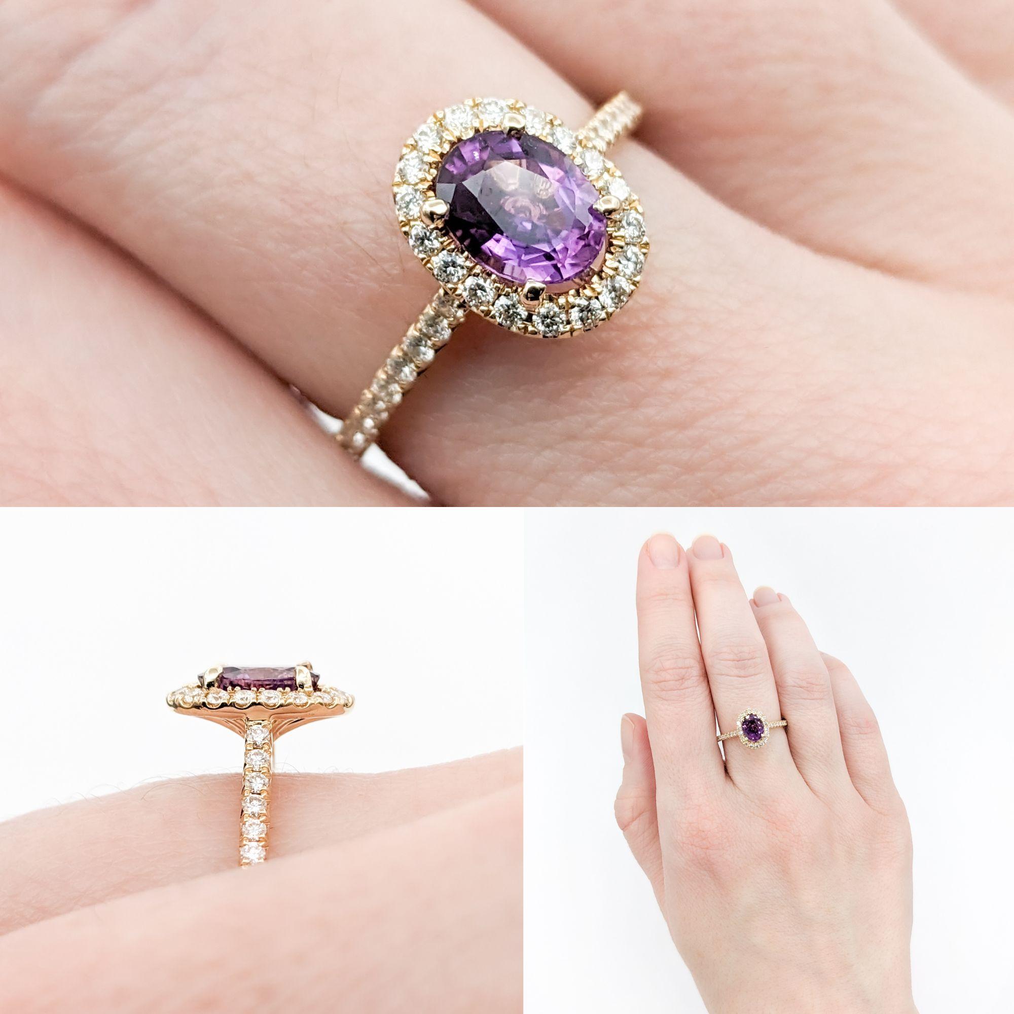 Round Cut .84ct Deep Purple Spinel & Diamond Ring In Yellow Gold For Sale