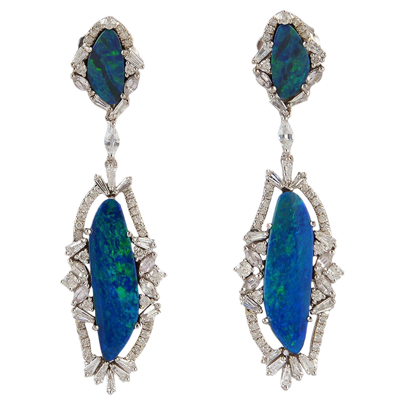 8.4ct Double Opal Dangle Earrings With Blue Sapphire & Diamonds in 18k Gold For Sale