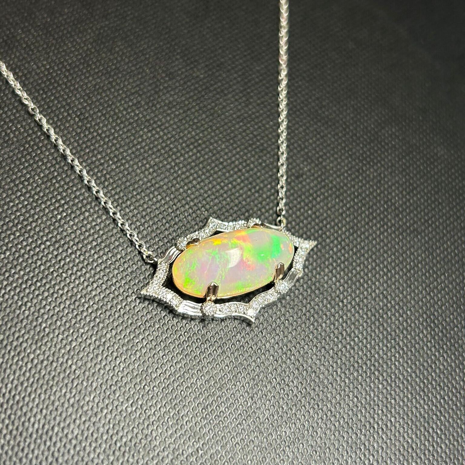 8.4ct Opal Pendant w Earth Mined Diamonds in Solid 14K Dual Tone Gold Oval 21x10 In New Condition In Columbus, OH