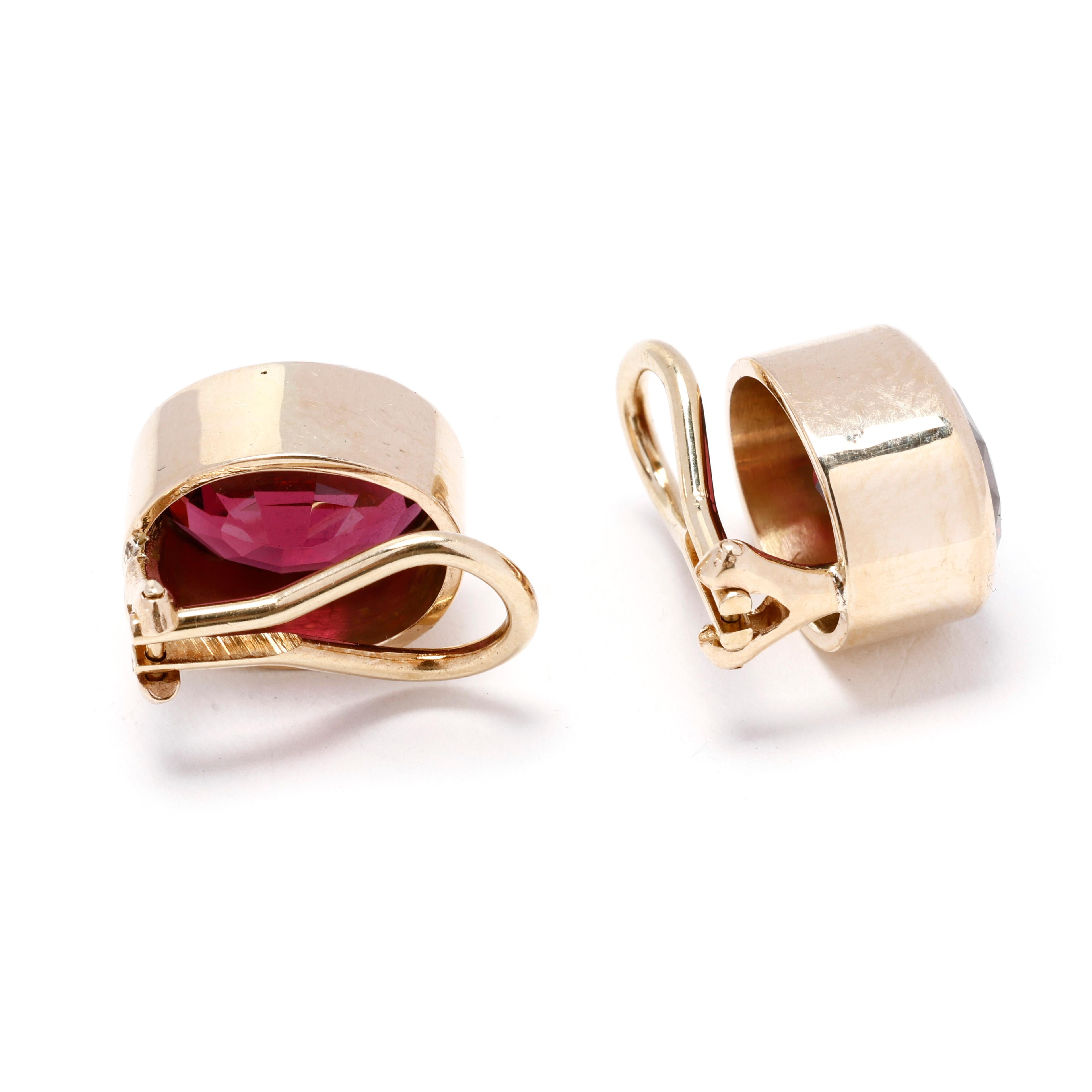 Oval Cut 8.4ctw Rhodolite Garnet Clip On Earrings, 14k Yellow Gold, Large Clip Ons For Sale