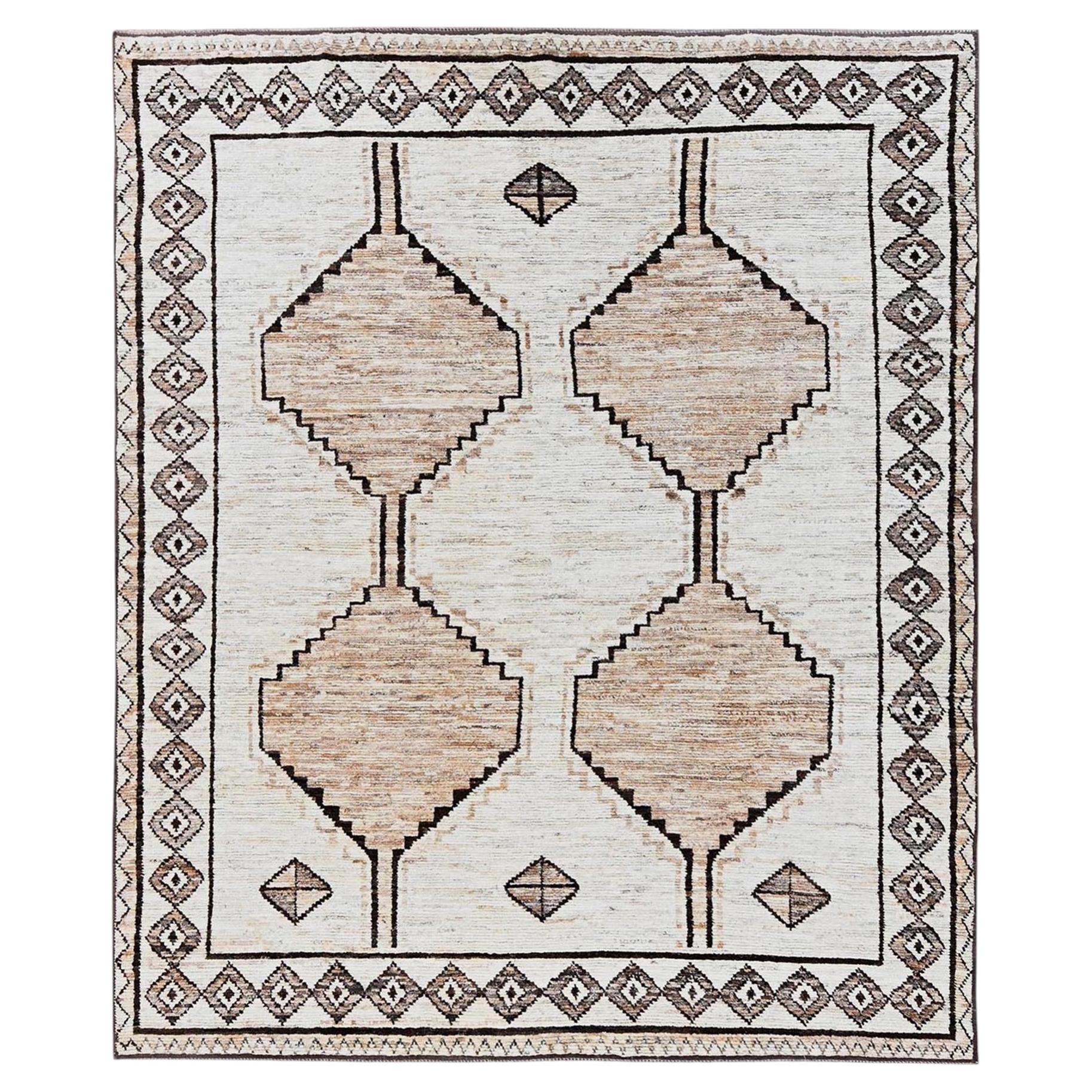 8'4"x10'1" Ivory Moroccan Weave with Geometric Design Hand Knotted Pure Wool Rug