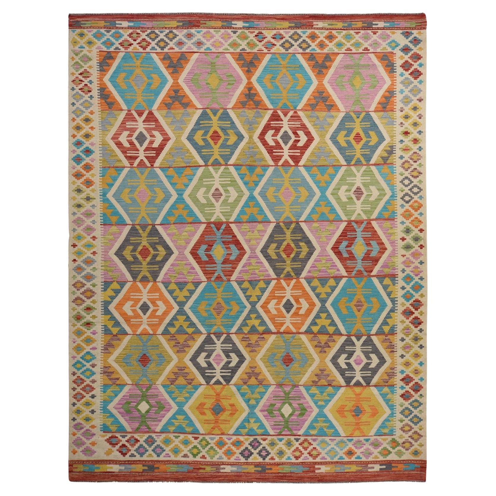 8
4 "x10
10" Elfenbeinfarbener Afghanischer Kilim Buntes Geometrisches Muster Handgewebter Wollteppich