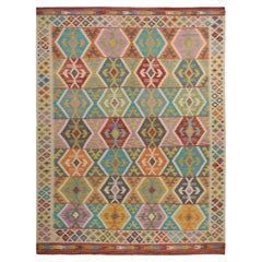 8
4 "x10
10" Elfenbeinfarbener Afghanischer Kilim Buntes Geometrisches Muster Handgewebter Wollteppich