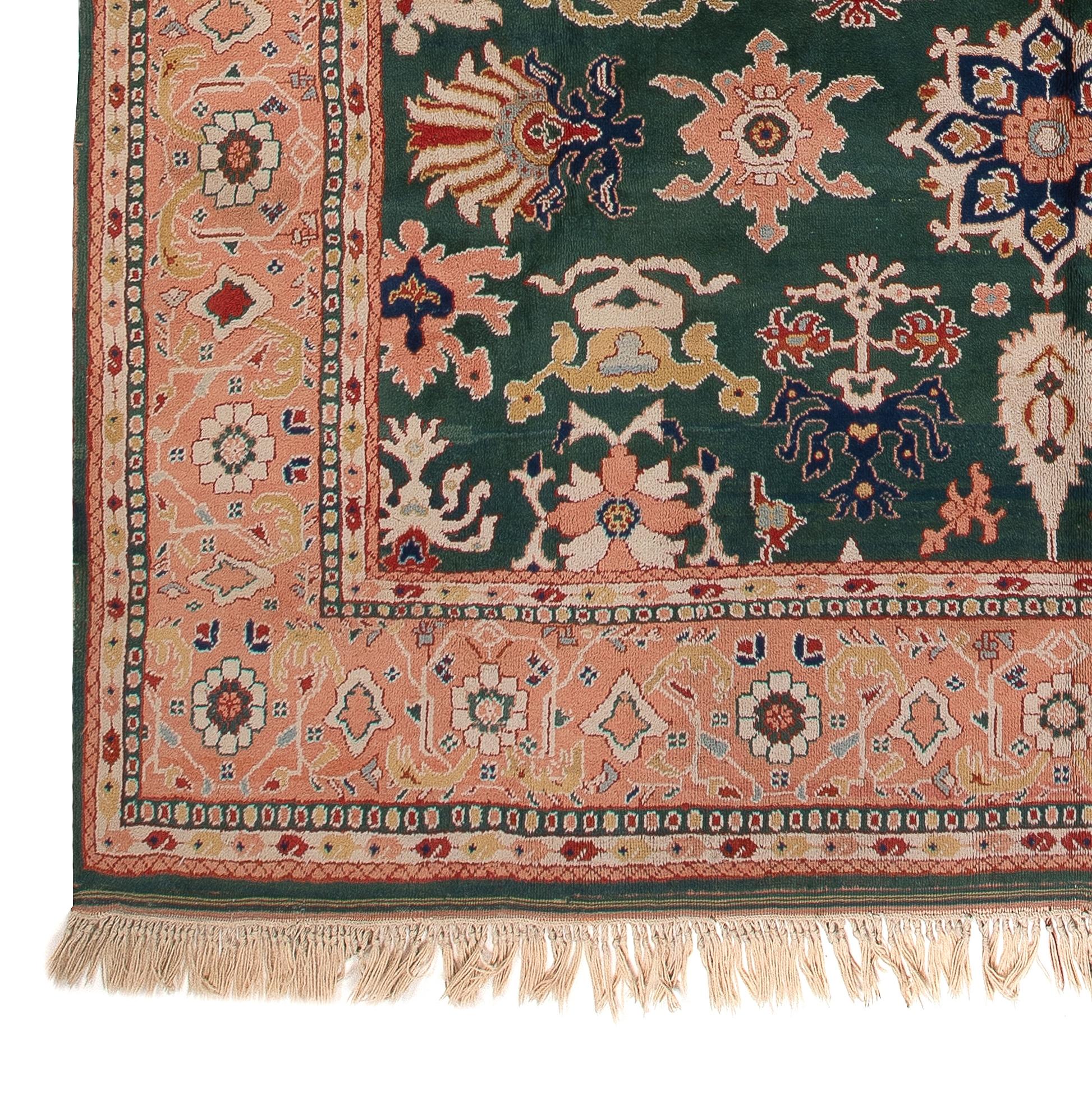 Sultanabad 8.4x10.2 Ft Emerald Green and Peach Turkish Rug, 100% Wool & Natural Dyes