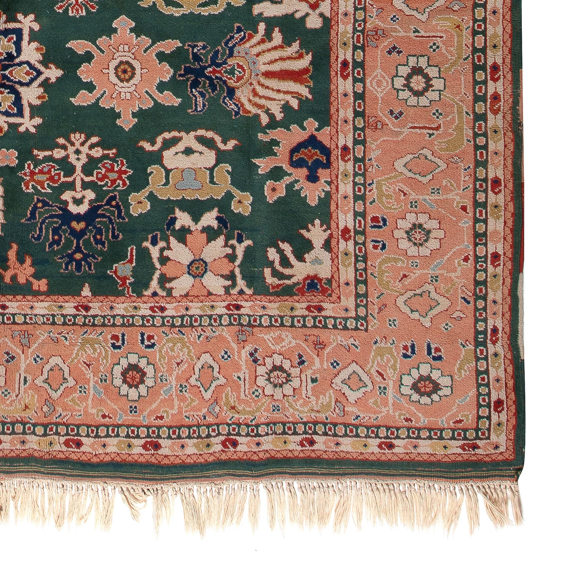 Hand-Knotted 8.4x10.2 Ft Emerald Green and Peach Turkish Rug, 100% Wool & Natural Dyes