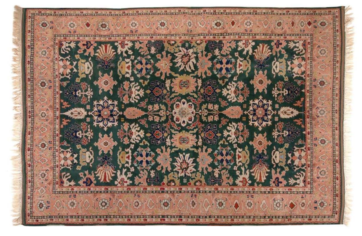 8.4x10.2 Ft Emerald Green and Peach Turkish Rug, 100% Wool & Natural Dyes In Good Condition In Philadelphia, PA