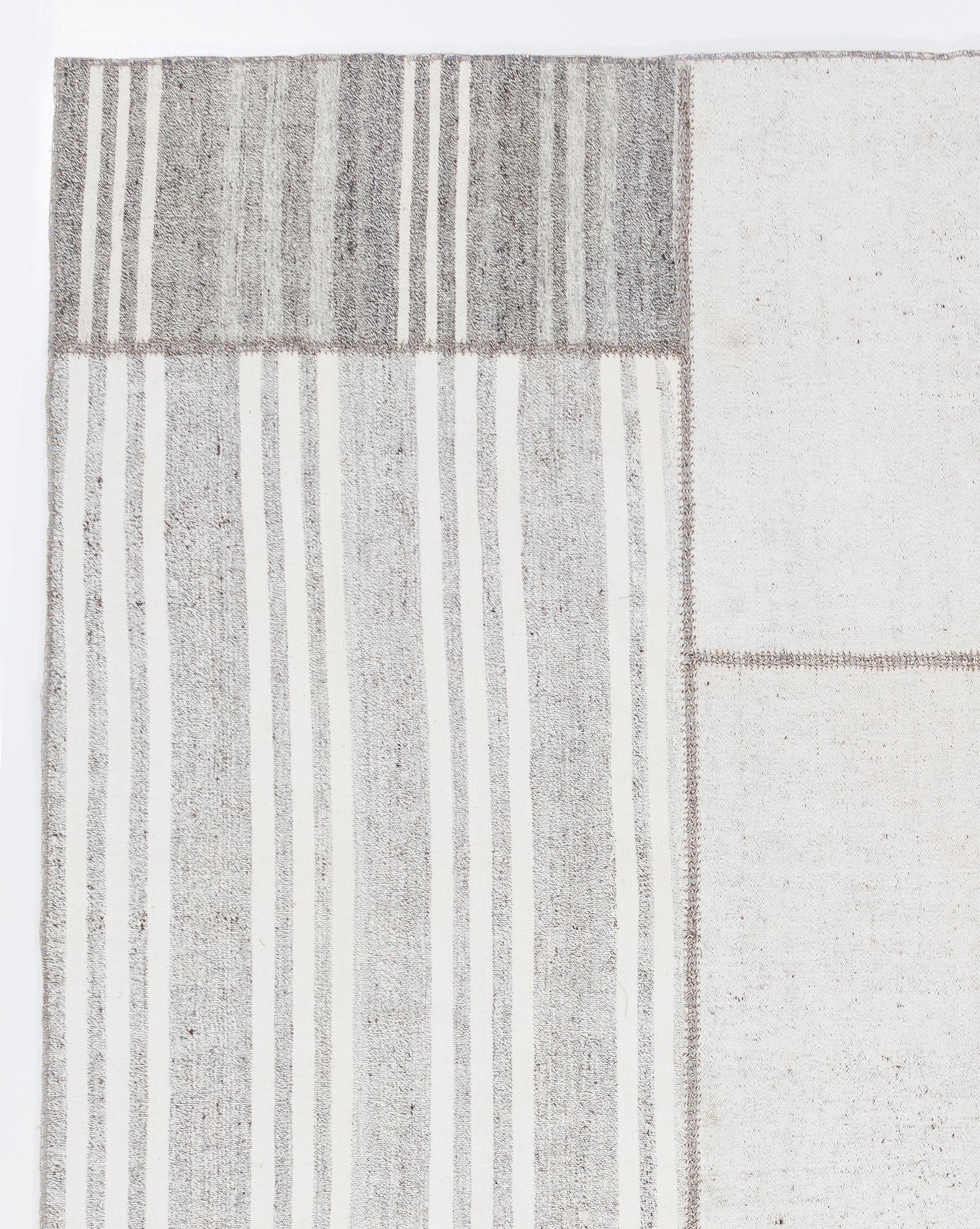 Turkish 8.4x10.3 Ft Hand-Woven Vintage Cotton Anatolian Kilim in Gray with White Stripes For Sale