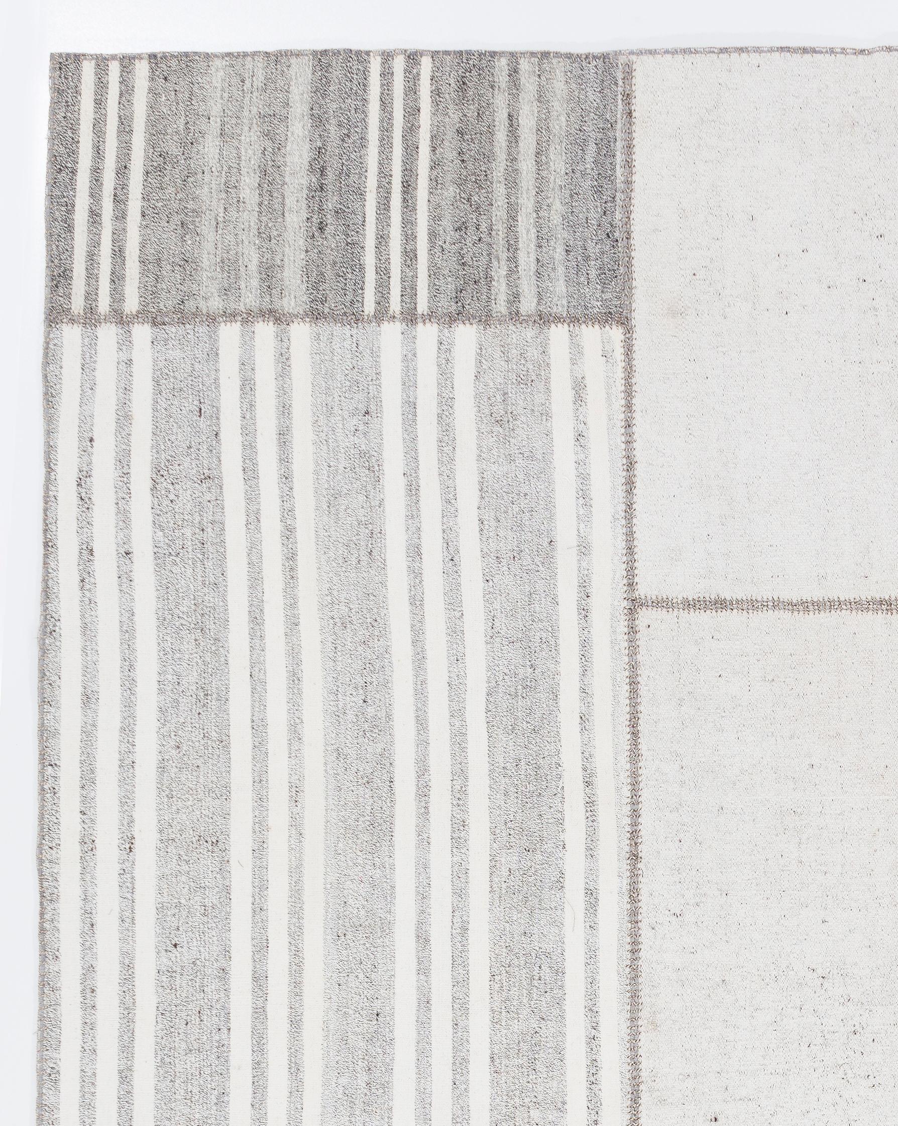 Turkish 8.4x10.3 Ft Vintage Goat Hair & Cotton Kilim Rug in Gray with White Stripes For Sale