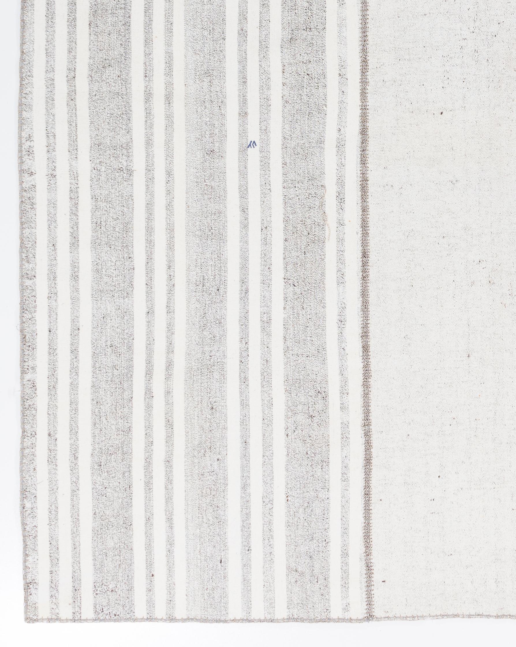 Hand-Woven 8.4x10.3 Ft Vintage Goat Hair & Cotton Kilim Rug in Gray with White Stripes For Sale
