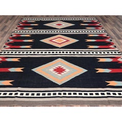 8'4"x10'3" Midnight Black Flat Weave Southwest Geometric Design Hand Woven Rug