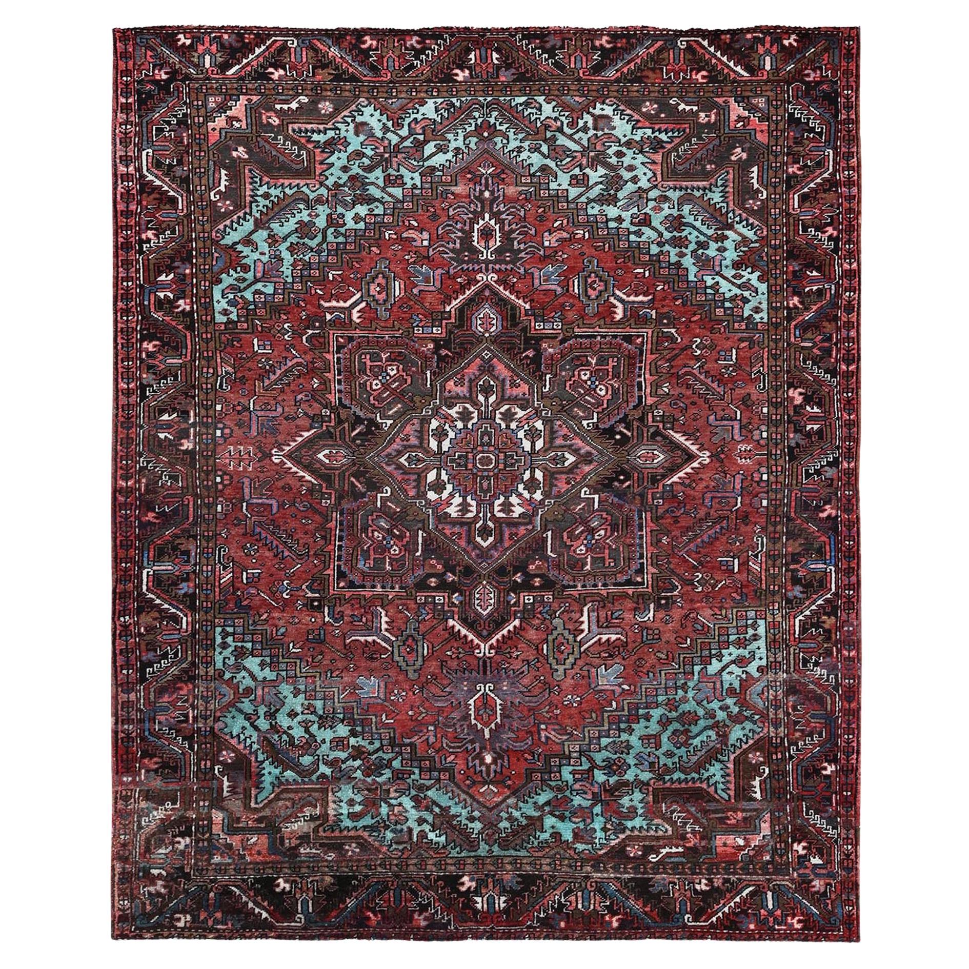 8'4 "x10'3" Rouge Vintage Persan Heriz avec Design Médaillon, Tapis en Laine Noué à la Main en vente