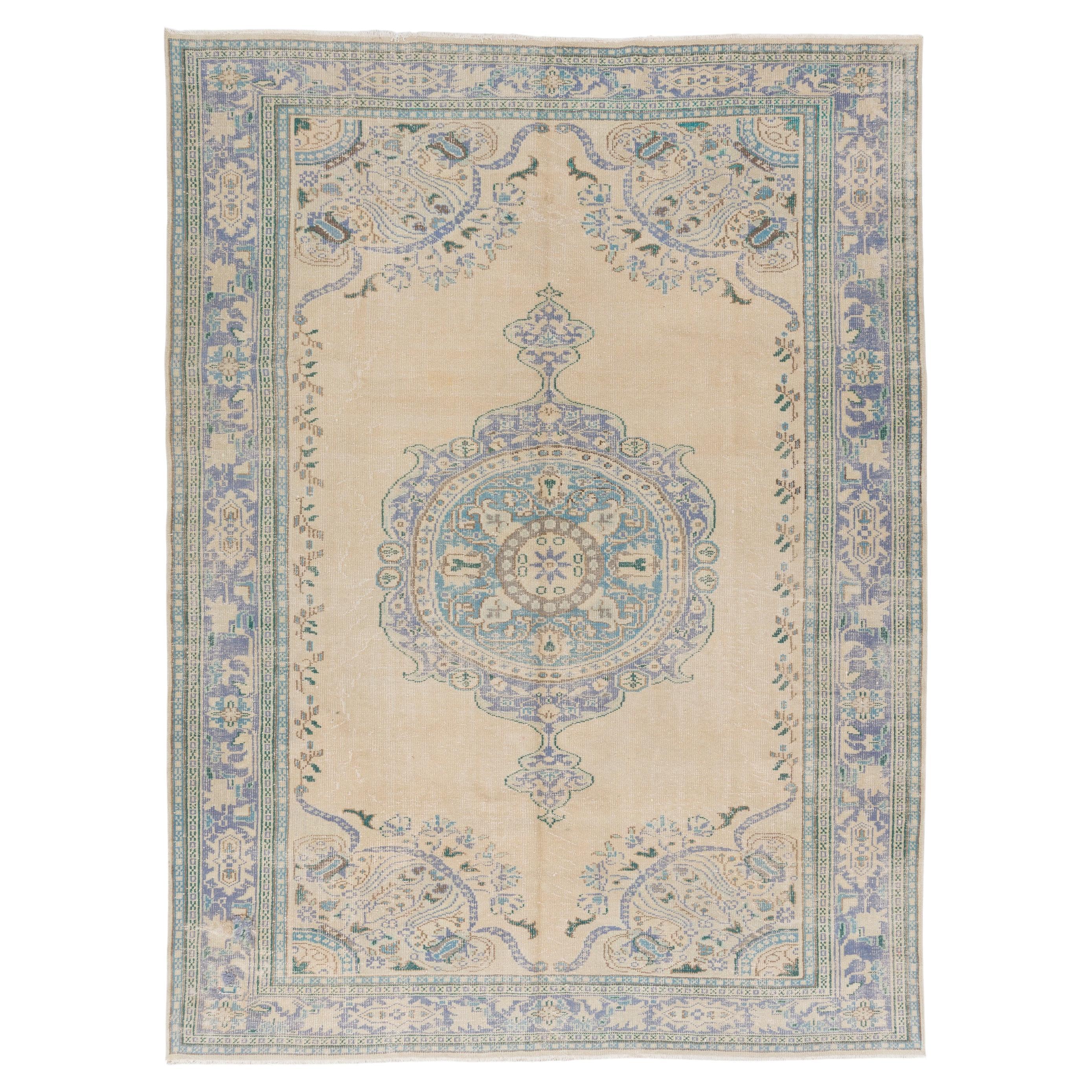 8.4x11.2 ft Vintage Handmade Turkish Wool Rug in Beige, Blue, Purple and Green For Sale