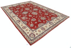 8.4x11.5 ft Handmade Area Rug in Red and Beige. Floral Patterned Wool Carpet