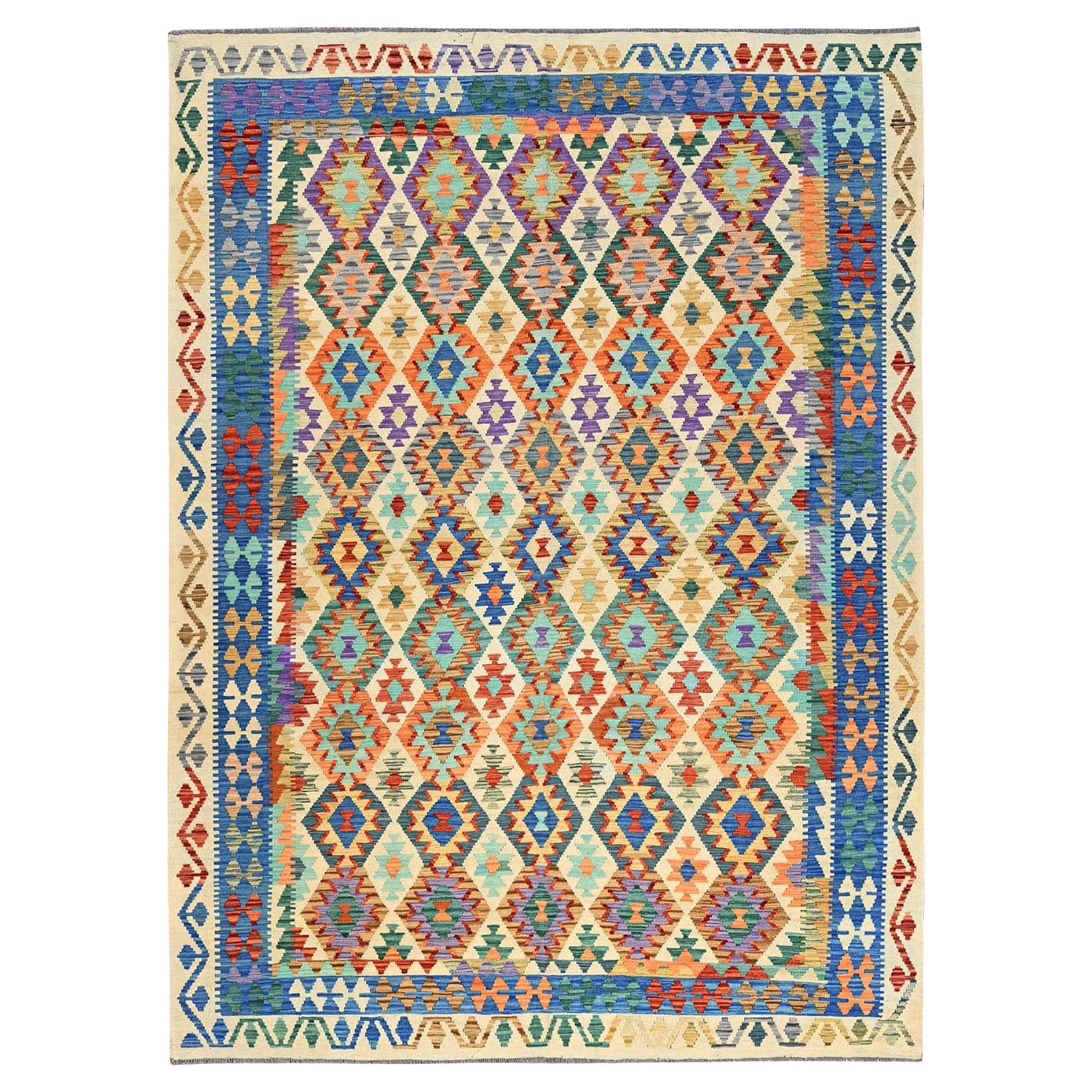 8'4 "x11'5" Ivory Flat Weave Afghan Kilim Hand Woven All Wool Tapis d'Orient