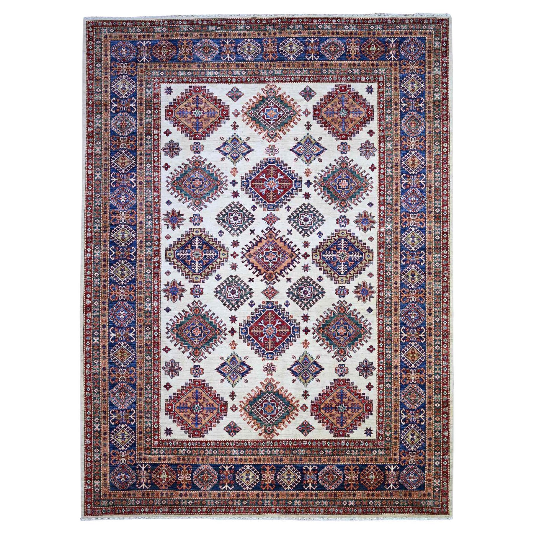 8'4"x11'5" Porcelain White Wool Hand Knotted Afghan Super Kazak Oriental Rug For Sale