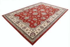 8.4x11.7 ft Hand Knotted Floral Large Area Rug with Red Field and Ivory Border