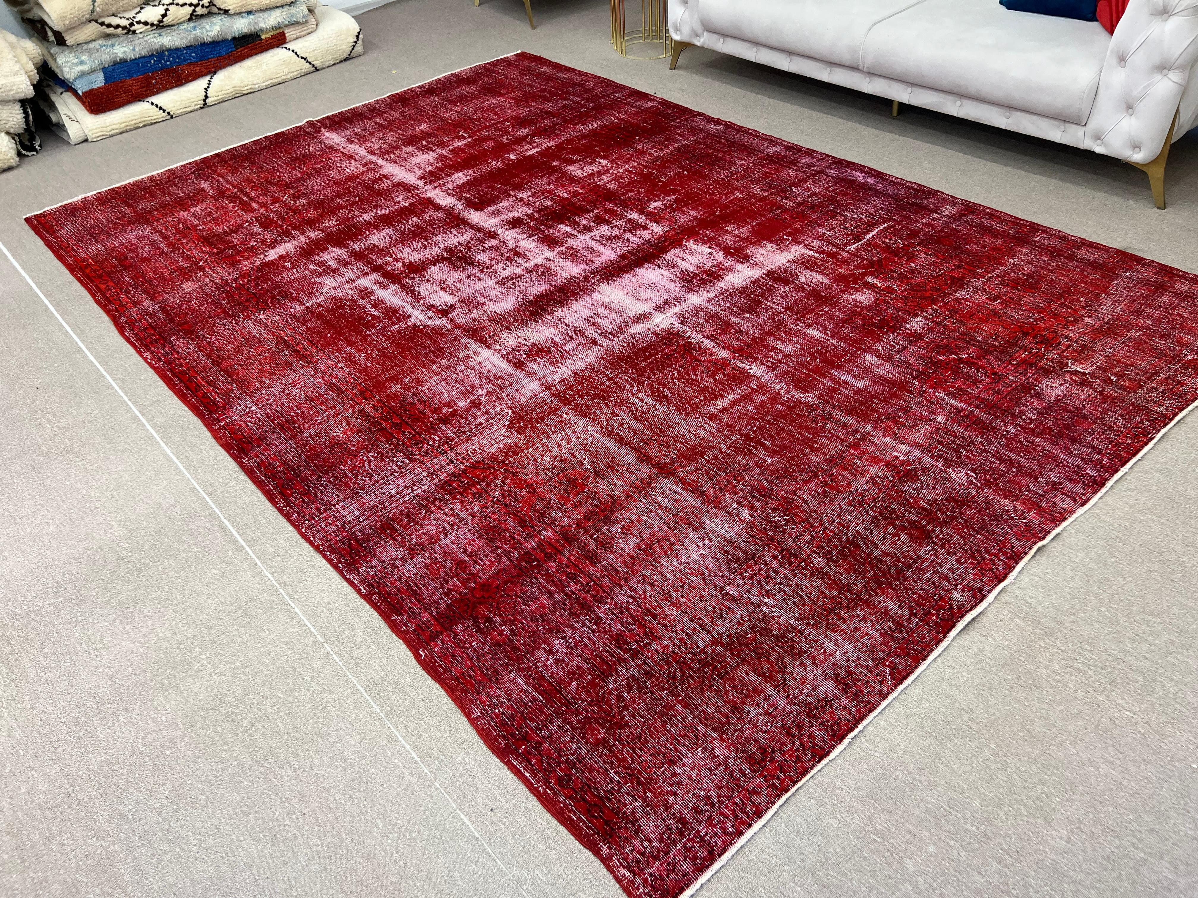 8.4x12.8 ft Modern Handmade Area Rug OverDyed in Red, Shabby Chic Turkish Carpet In Good Condition For Sale In Philadelphia, PA
