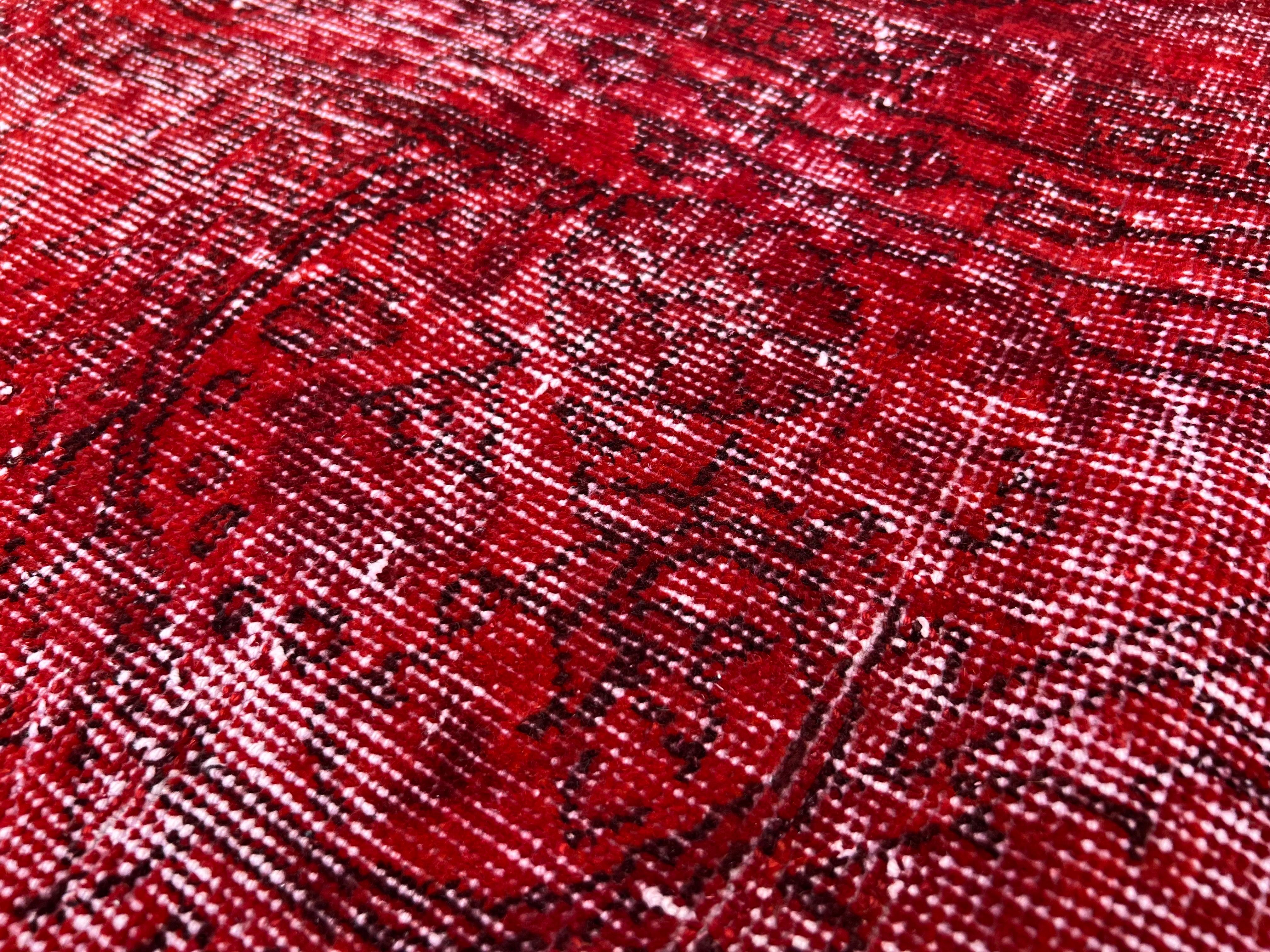 Wool 8.4x12.8 ft Modern Handmade Area Rug OverDyed in Red, Shabby Chic Turkish Carpet For Sale