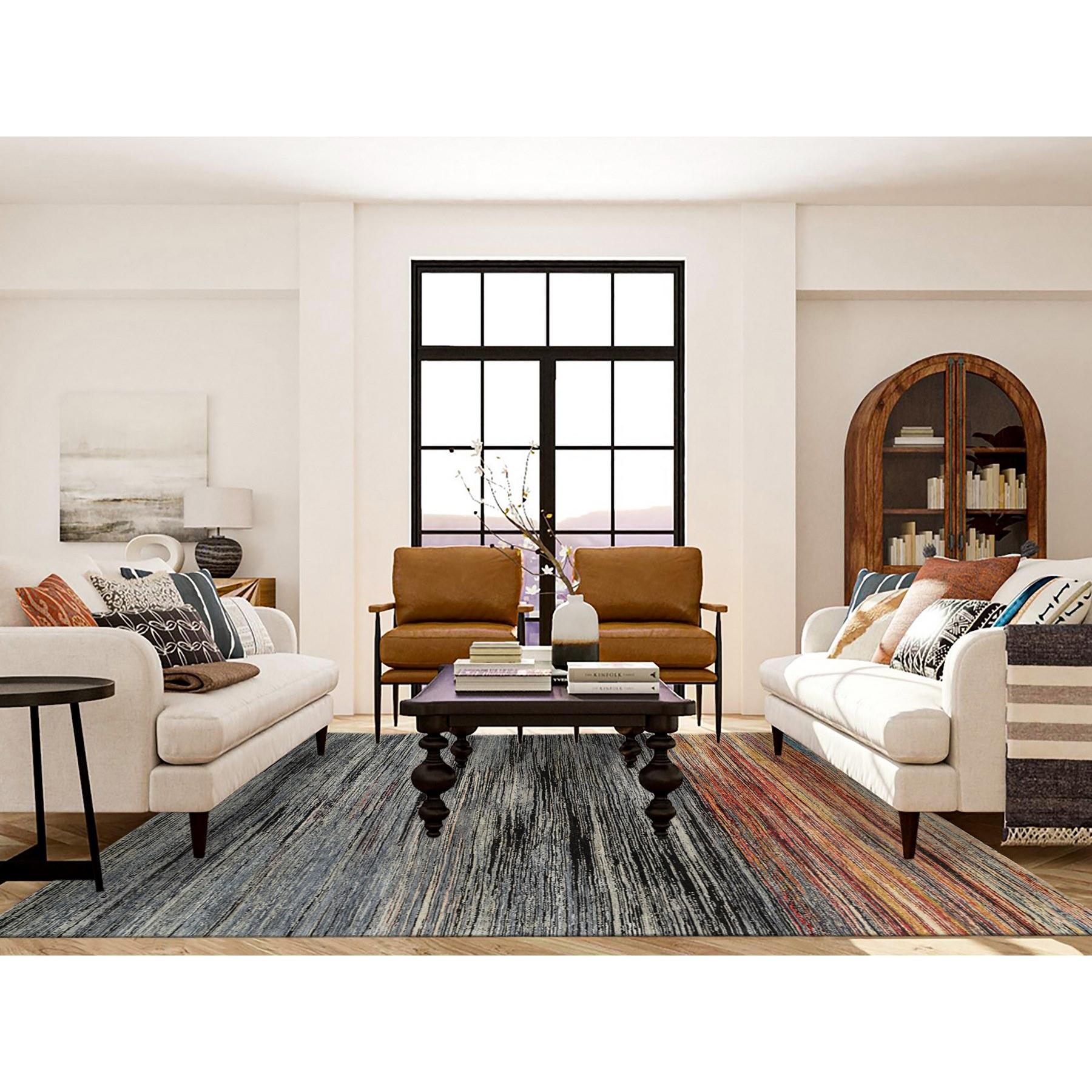 This is a truly genuine one-of-a-kind Colorful, Modern Stripe Design, Natural Dyes Thick and Plush, Ghazni Wool Hand Knotted, Oriental Rug. It has been Knotted for months and months in the centuries-old weaving craftsmanship techniques by expert