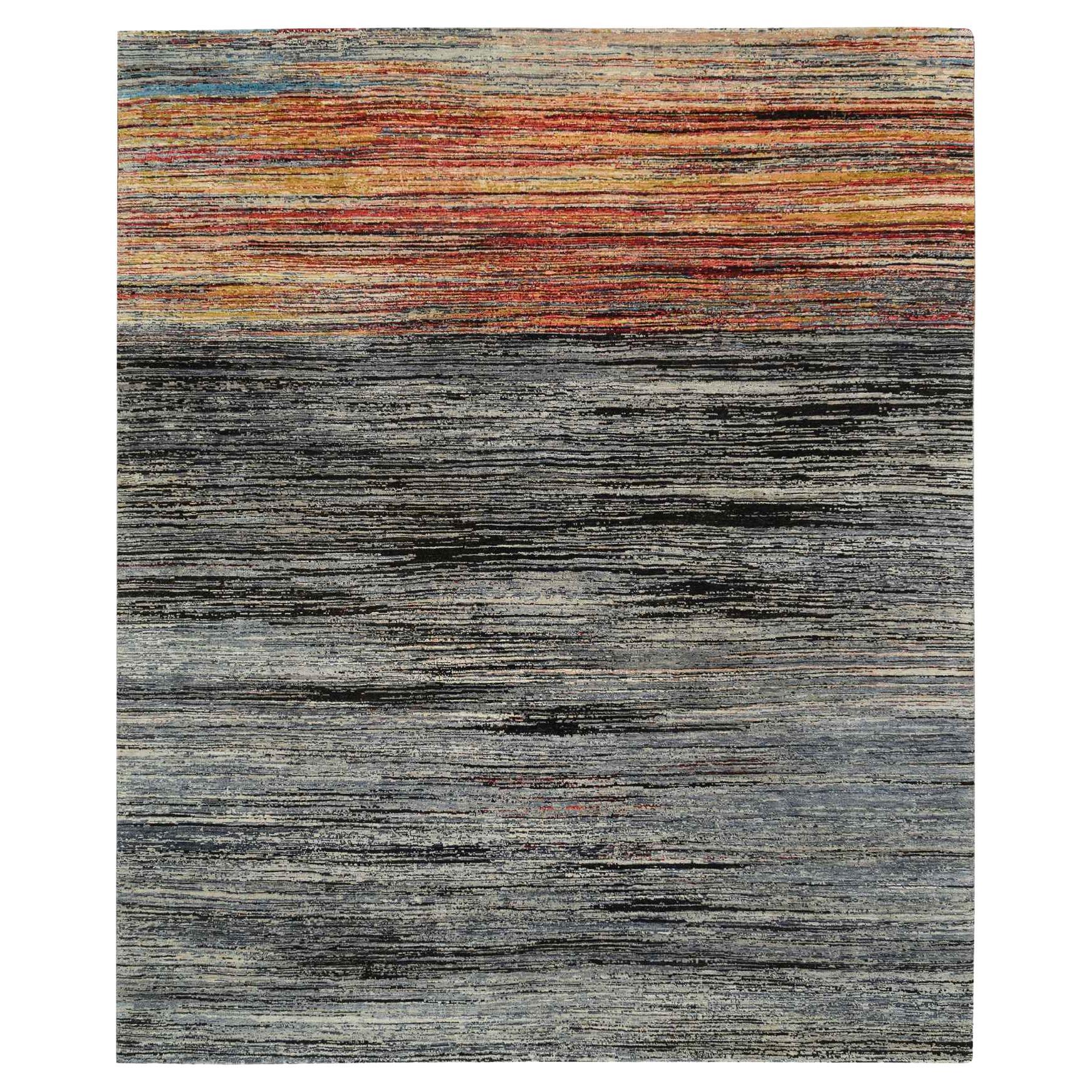 8'4"x9'10" Colorful Modern Stripe Design Ghazni Wool Hand Knotted Oriental Rug For Sale