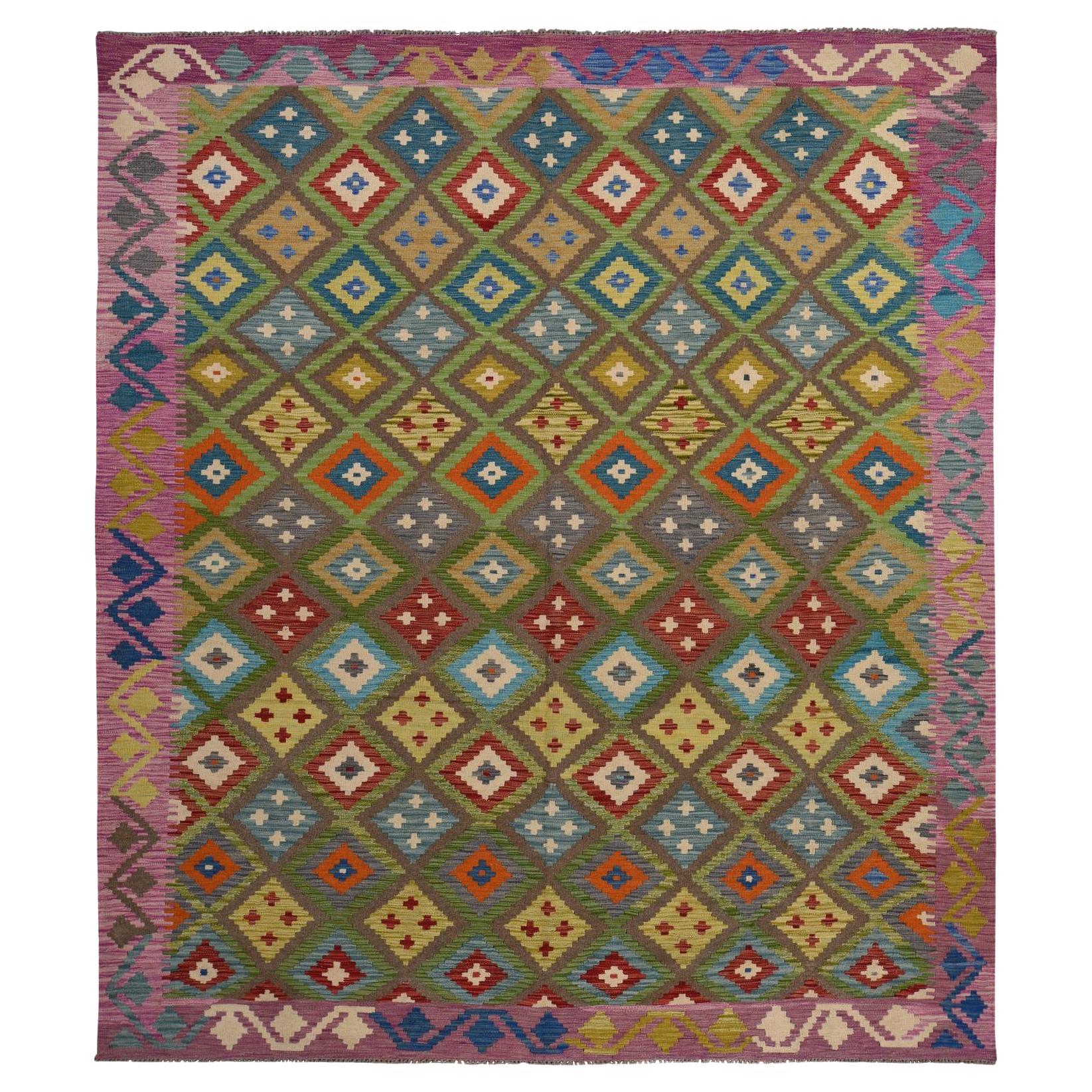 8
4 "x9
10" Pickle Verde Lana Colorido Afgano Kilim Tejido a Mano Lana Tejido Plano Ru