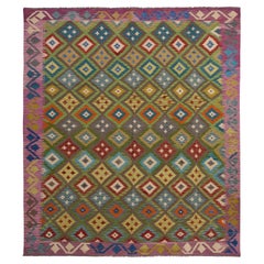 8'4"x9'10" Pickle Green Wool Colorful Afghan Kilim Hand Woven Wool Flat Weave Ru
