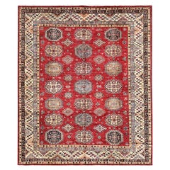 8'4 "x9'10" Alfombra afgana roja anudada a mano de pura lana Super Kazak Elementos geométricos