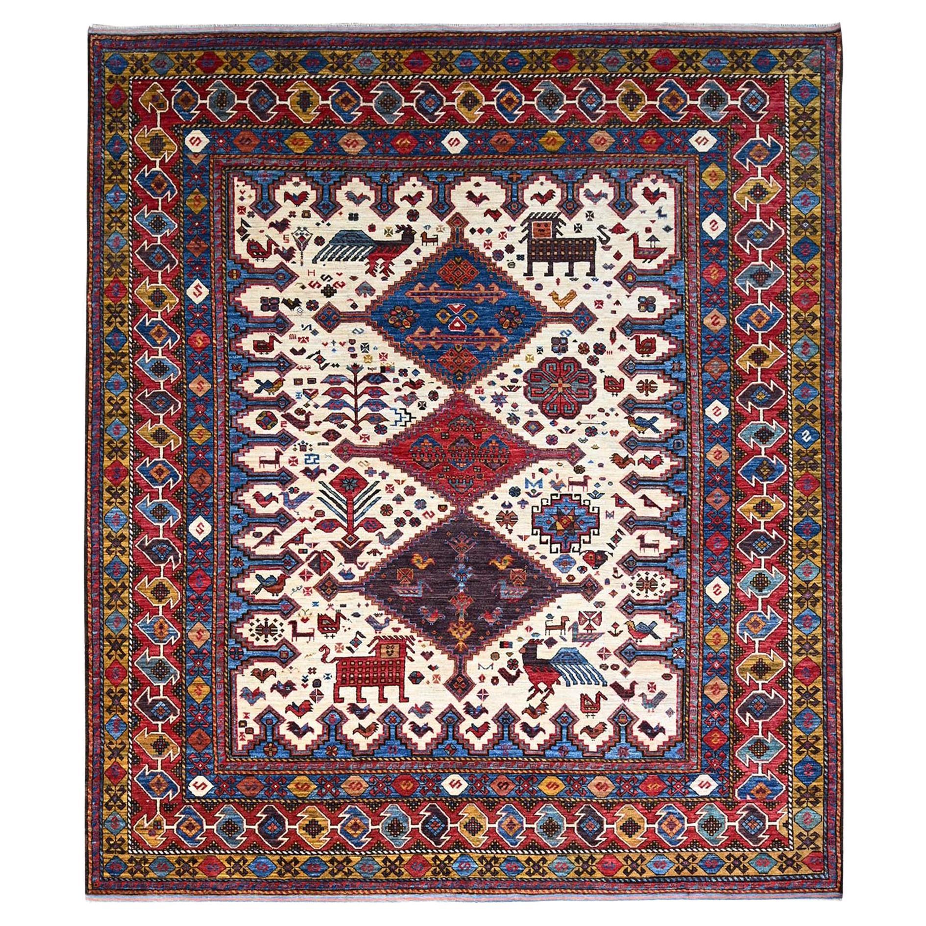 8'4 "x9'3" Weißer türkischer Knoten Geometrisches Design Glänzende Wolle Handgeknüpfter Teppich