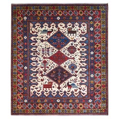 8'4 "x9'3" Weißer türkischer Knoten Geometrisches Design Glänzende Wolle Handgeknüpfter Teppich