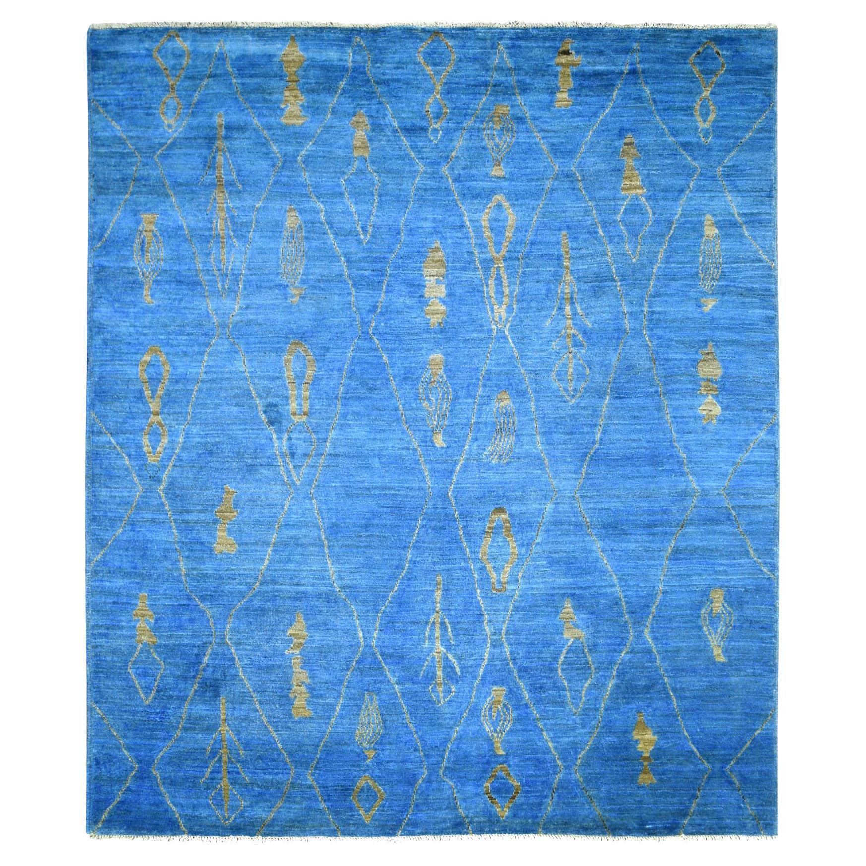 8'4"x9'4" Denim Blue Hand Knotted Soft and Shiny Wool Moroccan Berber Rug