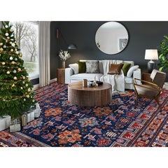 8'4"x9'6" Navy Blue Afghan Ersari Caucasian Design Revival Hand Knotted Wool Rug