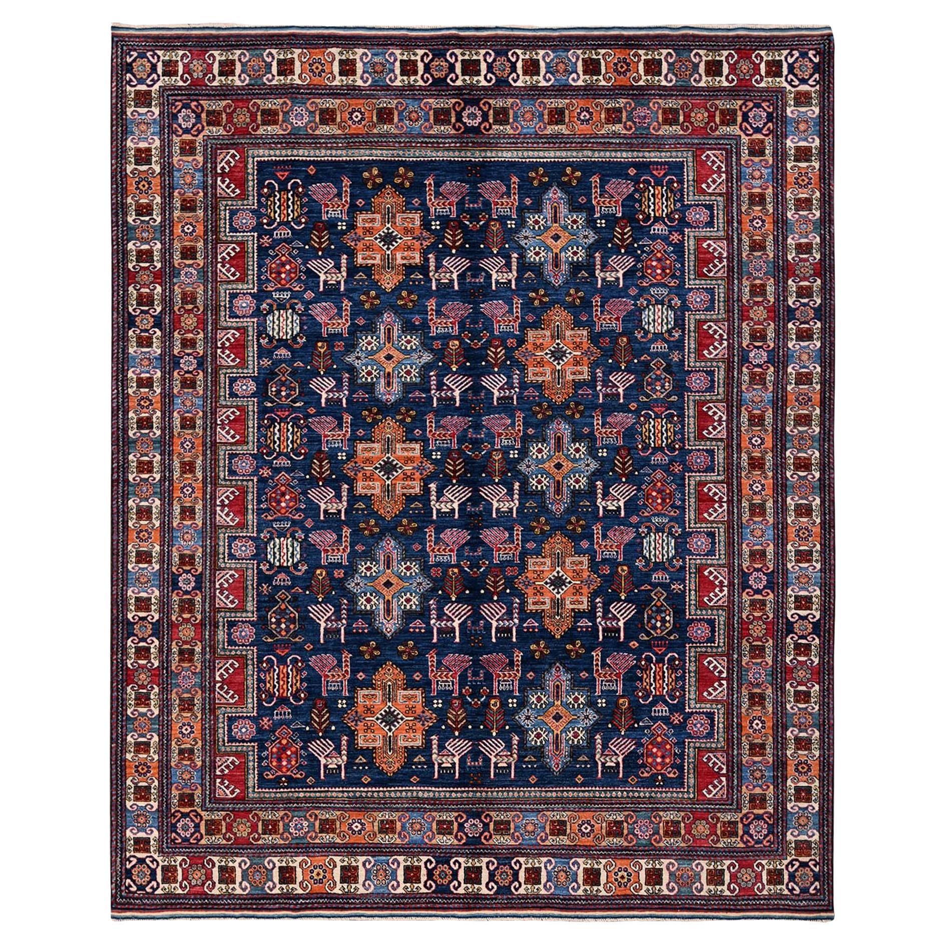 8'4 "x9'6" Marineblauer Afghanischer Ersari Kaukasischer Design Revival Handgeknüpfter Wollteppich