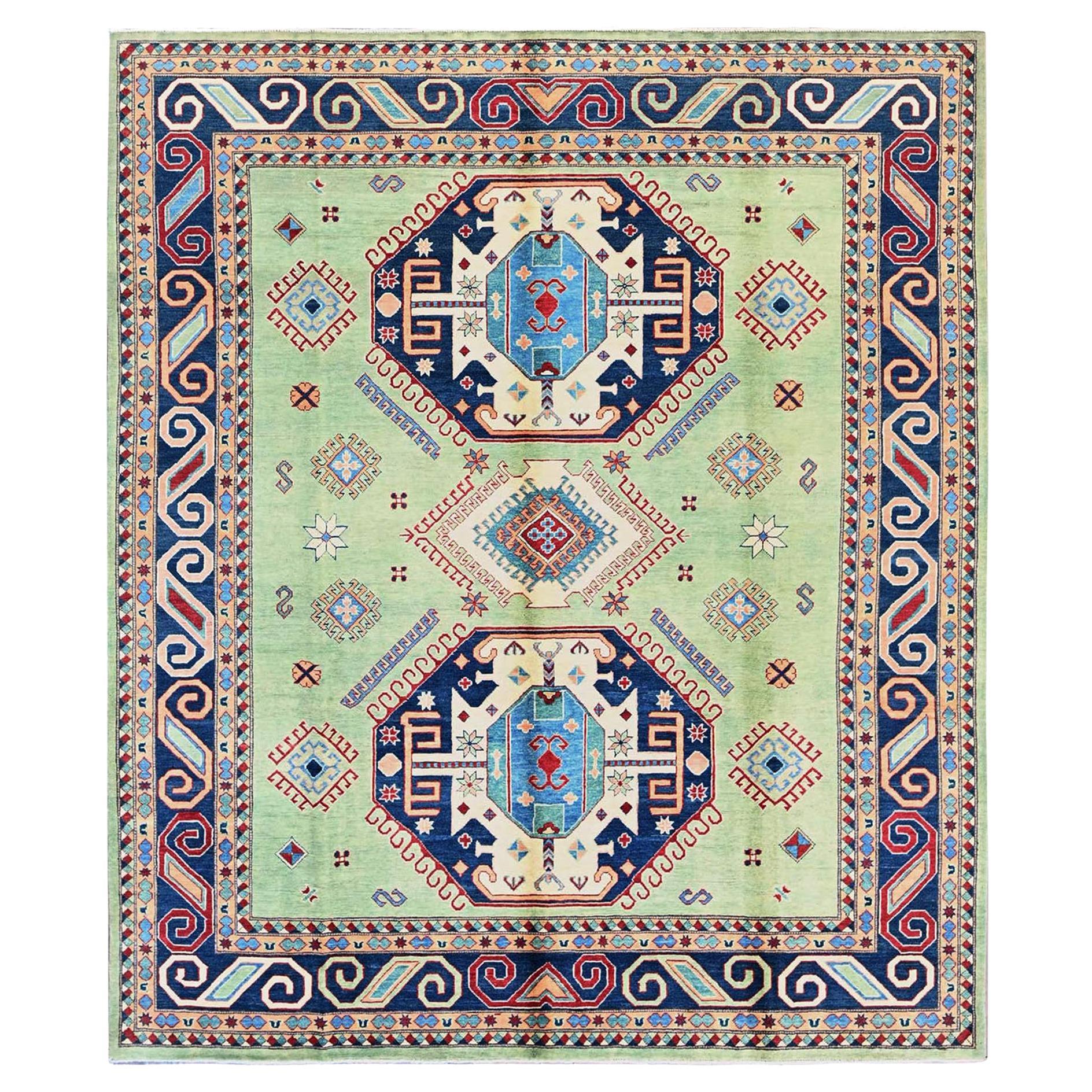 8'4 "x9'7" Verde Afghano Speciale Kazak Disegno Geometrico Annodato a mano in pura lana