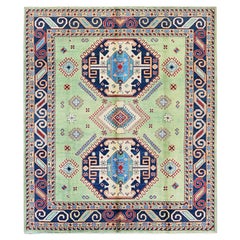 8'4 "x9'7" Verde Afghano Speciale Kazak Disegno Geometrico Annodato a mano in pura lana