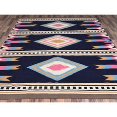 8'4"x9'7" Midnight Blue Flat Weave Southwest Geometric Design Hand Woven Rug