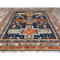 8'4"x9'7" Navy Blue, Wool Hand Knotted, Armenian Inspired Design 200 KPSI Rug