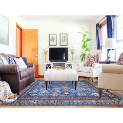 8'4"x9'9" Crayola Blue Organic Wool Hand Knotted Afghan Ersari Oriental Rug