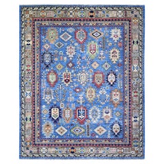 8'4"x9'9" Crayola Blue Organic Wool Hand Knotted Afghan Ersari Oriental Rug