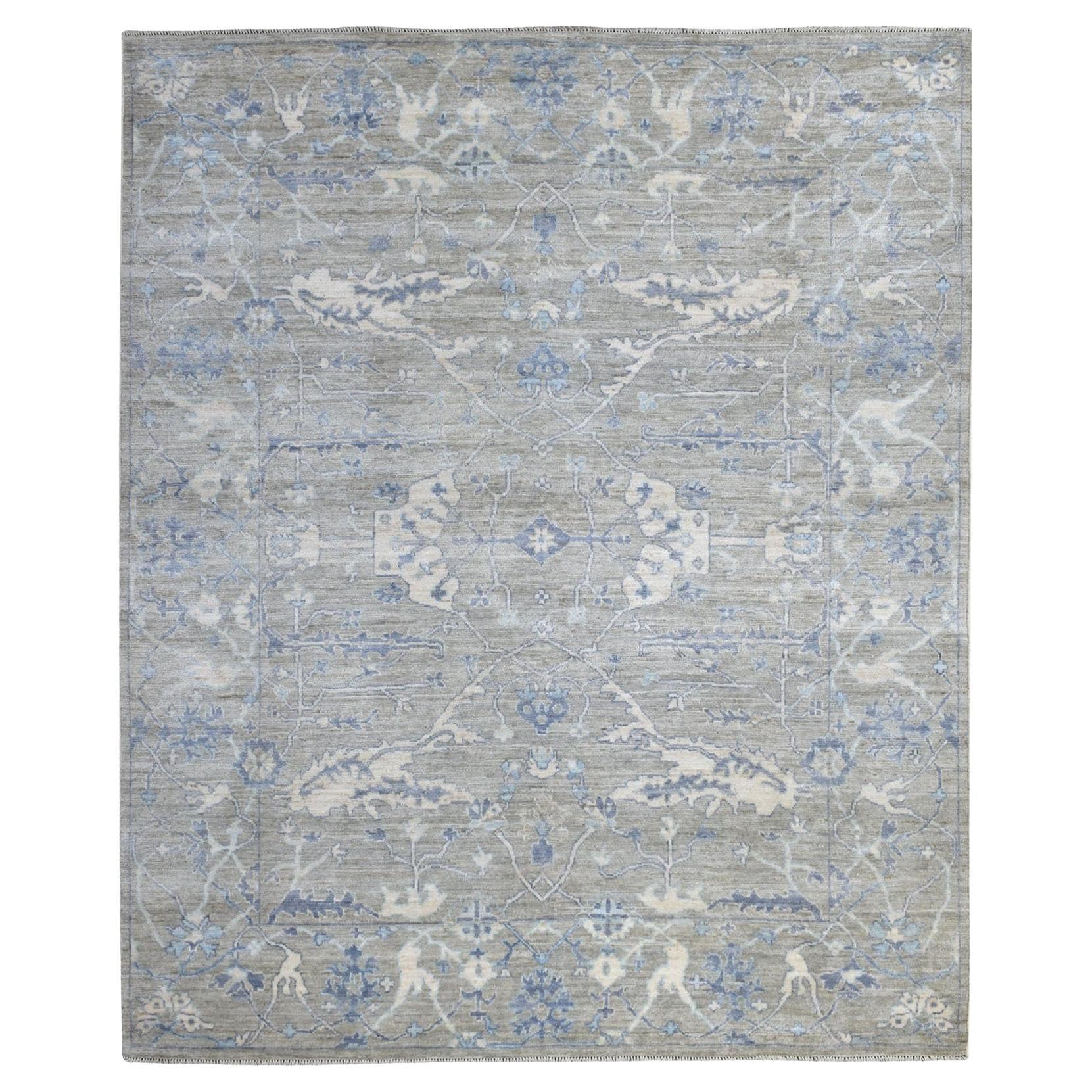 8'4"x9'9" Hand Knotted Monochromatic Gray with Touches Of Blue Angora Oushak Rug For Sale