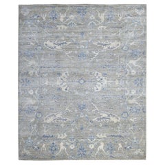 8'4"x9'9" Hand Knotted Monochromatic Gray with Touches Of Blue Angora Oushak Rug