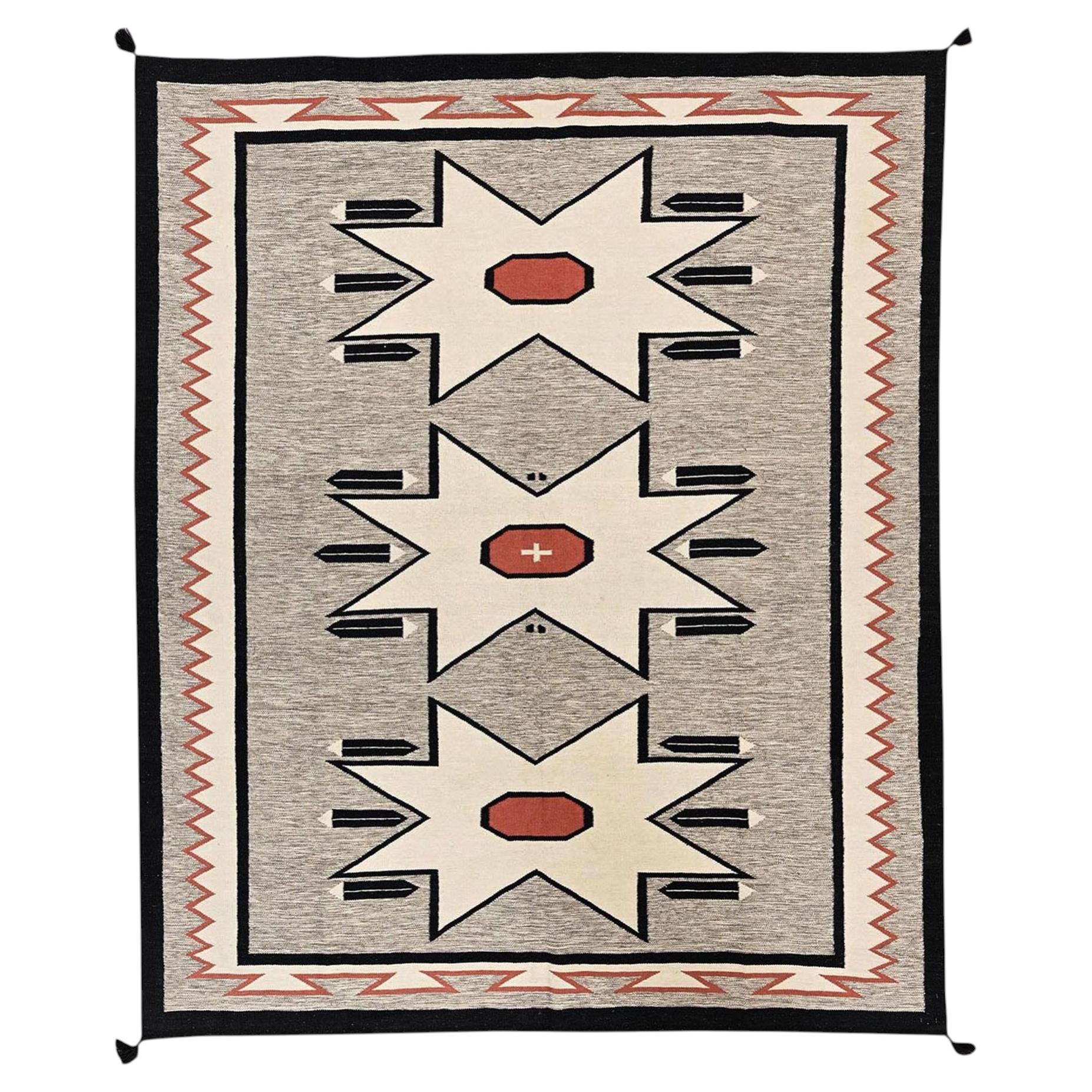 8'4"x9'9" Khaki Brown Southwest Geometric Design Hand Woven Flat Weave Wool Rug