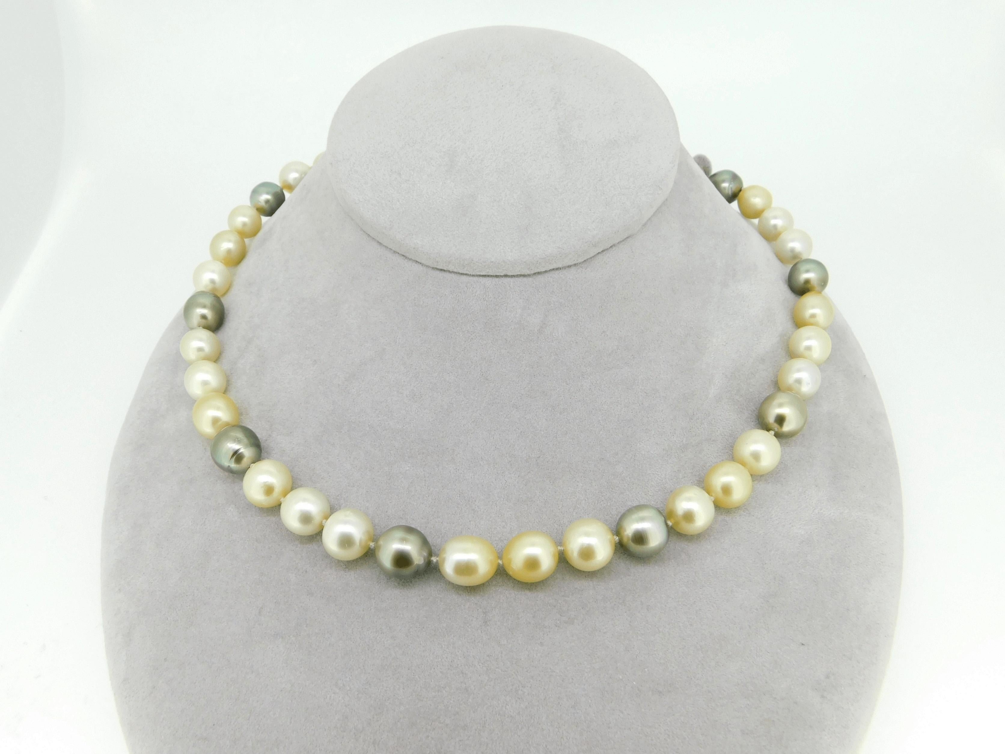 8.5-10mm Tahitian South Sea Multi Color Pearl Necklace (#J4414)

Strands of multi-color Tahitian and South Sea cultured pearls. The pearls are all natural colors and are individually knotted. There are forty-three pearls ranging in size from 8.5mm