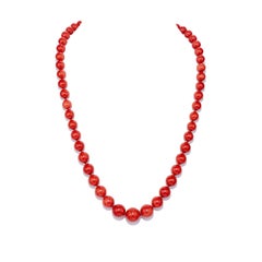 GIA Oxblood Coral Strand and 3.95 Carat Diamond and Platinum Clasp