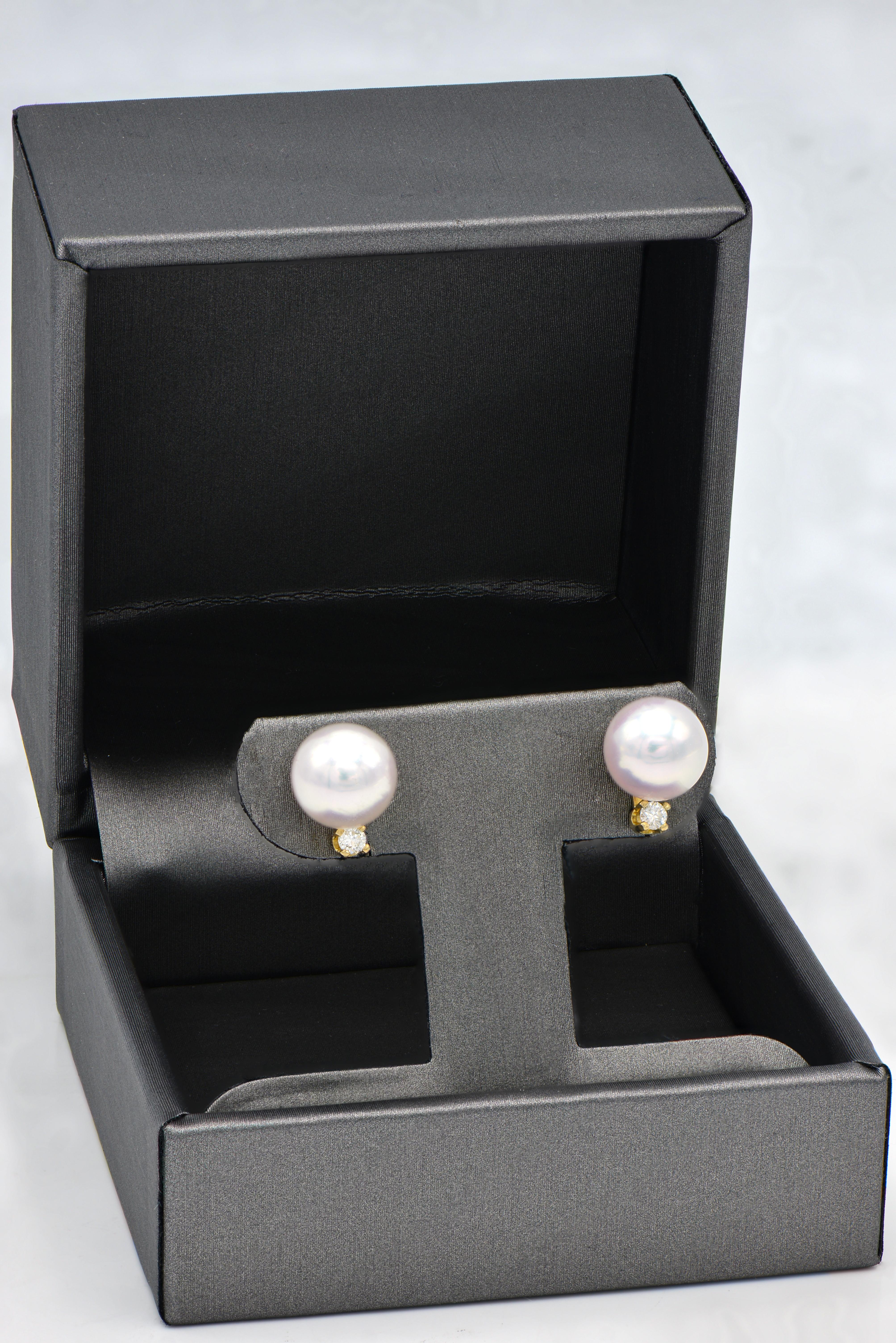White Cultured Pearl Stud Earring with Diamond in 14 Karat Yellow Gold For Sale 1