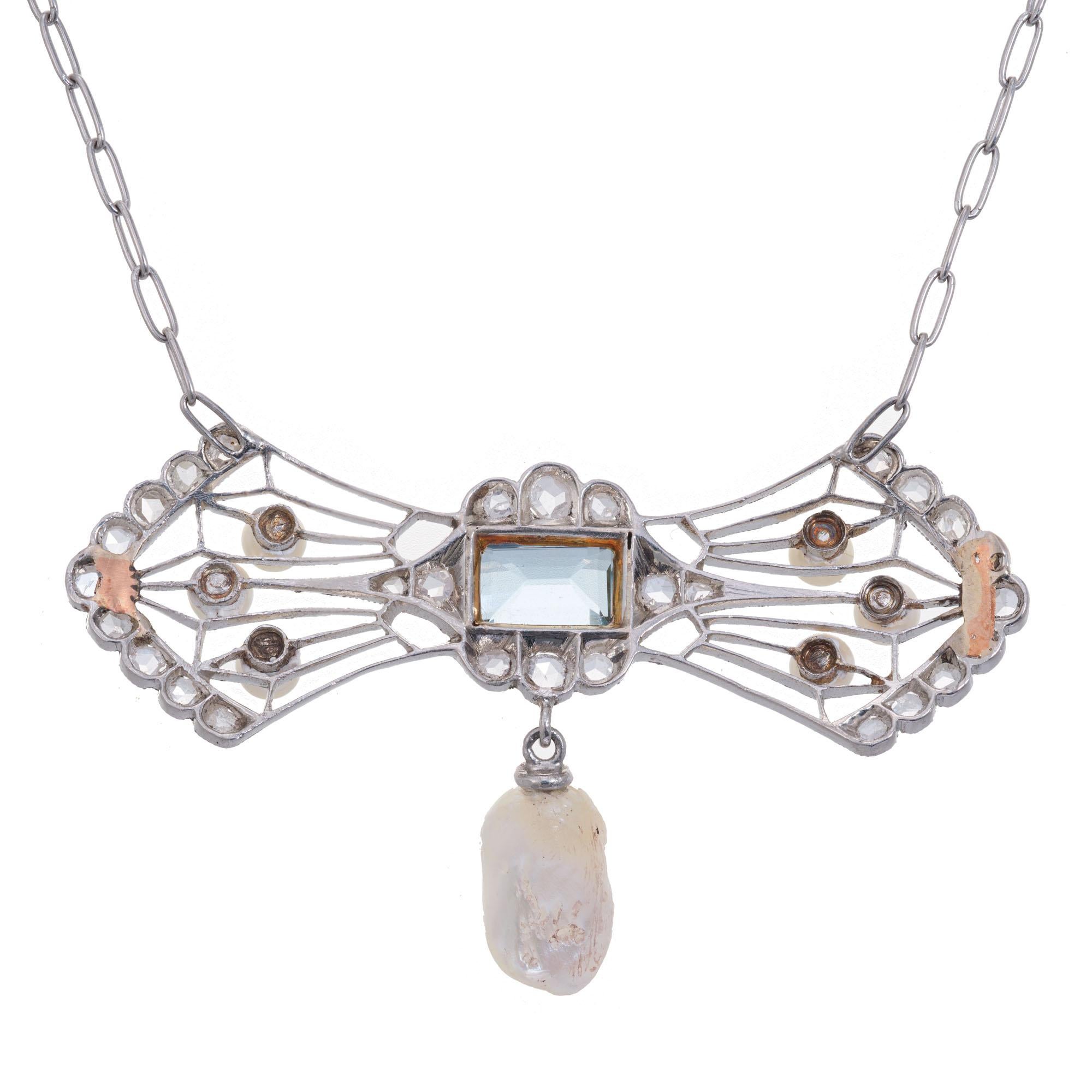 Round Cut .85 Carat Aqua Diamond Pearl Platinum Pendant Necklace For Sale