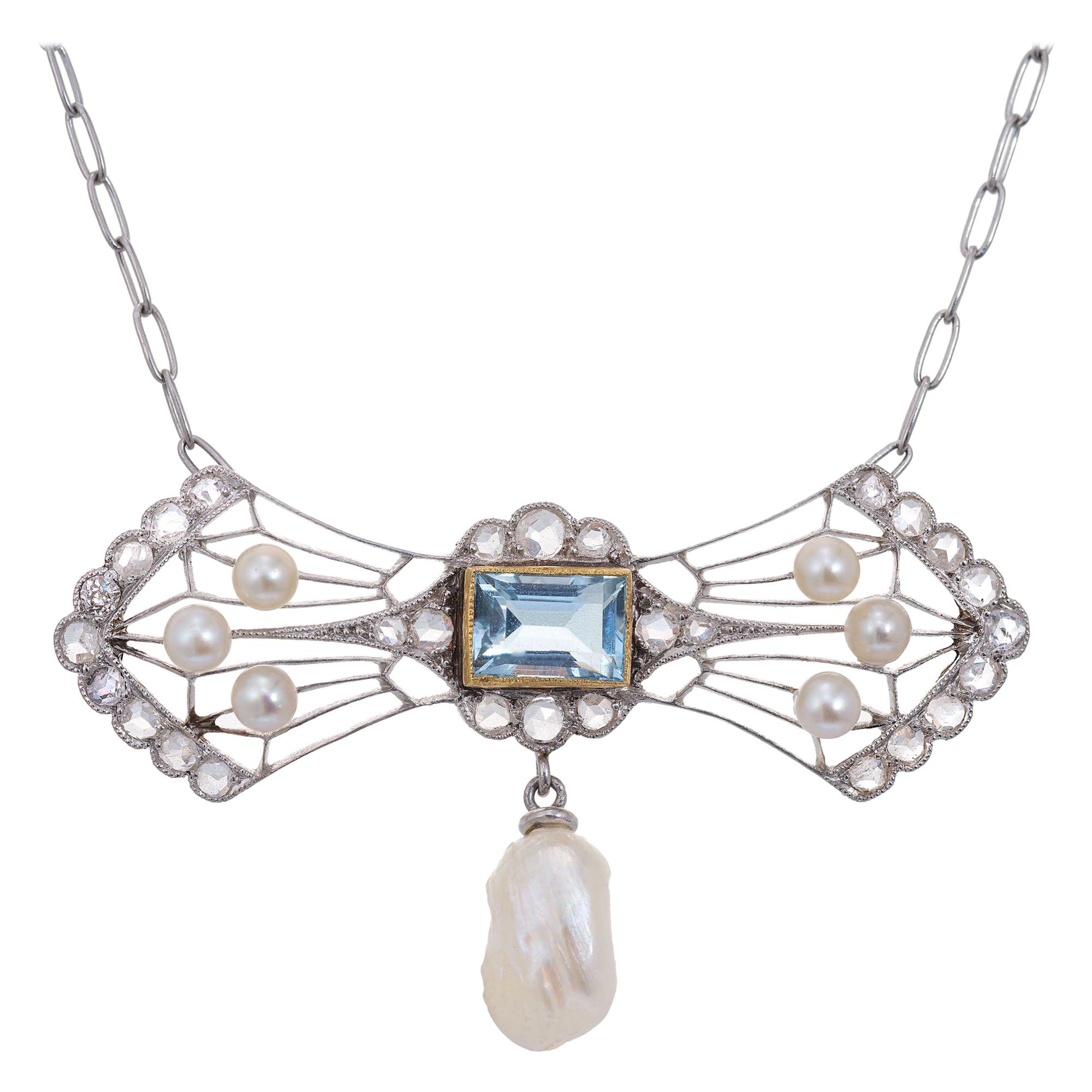 .85 Carat Aqua Diamond Pearl Platinum Pendant Necklace For Sale