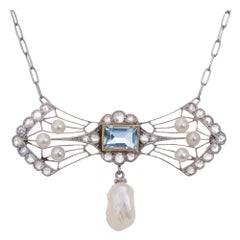 .85 Carat Aqua Diamond Pearl Platinum Pendant Necklace