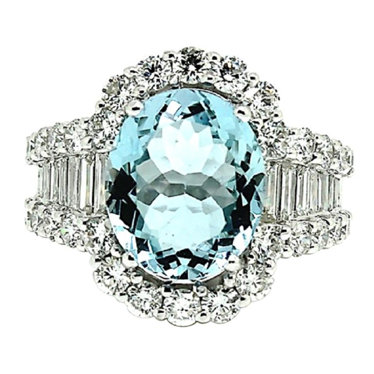 Aquamarine 8.50 Carat Bespoke 18 Karat White Gold 3 Carat Diamond Halo Ring For Sale